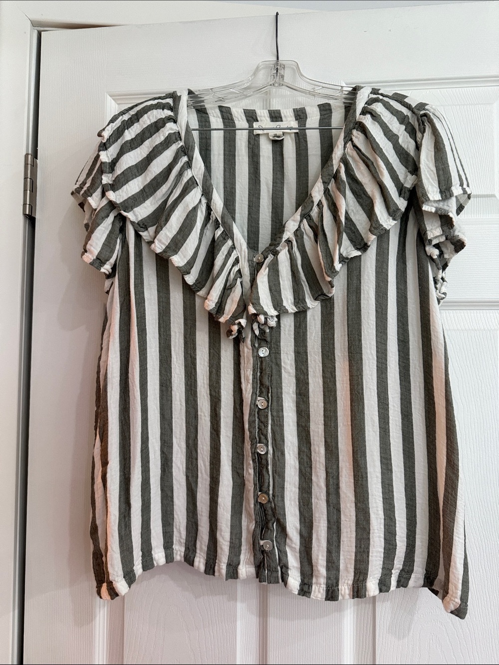 French Laundry Vertical Stripe Ruffle Button-Front Top - White & Gray
